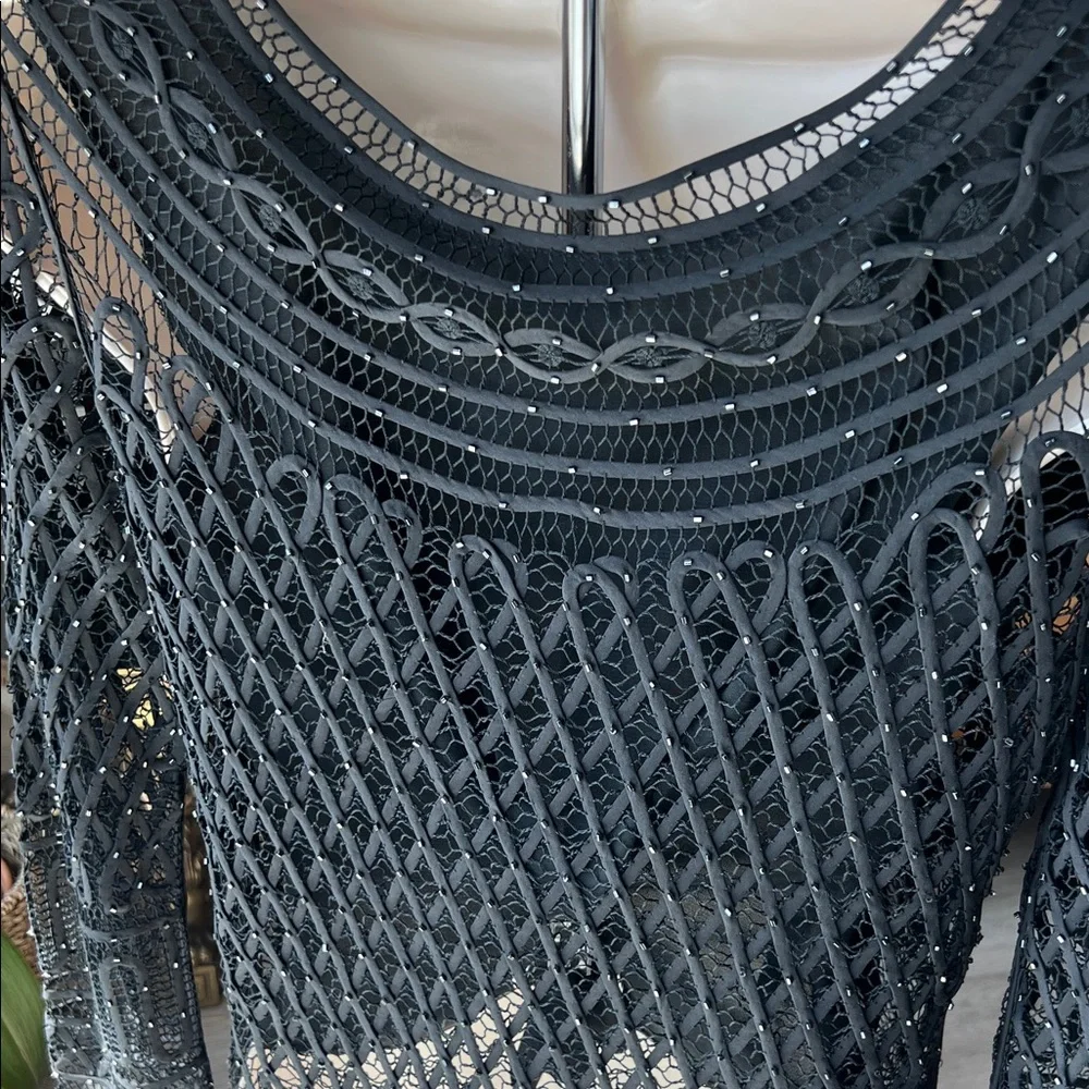 Sigrid Olsen Silk Knit Beaded Crochet Top S Coastal Grandma Black
